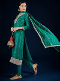 Varanga  Teal Kurta Set Featuring Beadwork Detailing, Embroidered Hem Trousers, And A Hand-Embroidered Dupatta For A Timeless Ethnic Look.