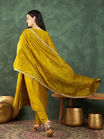 Varanga Kurta With Intricate Zari-Embroidered Yoke Is Paired With Ankle-Length Solid Trousers And A Matching Zari-Accented Dupatta