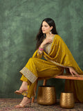 Varanga Kurta With Intricate Zari-Embroidered Yoke Is Paired With Ankle-Length Solid Trousers And A Matching Zari-Accented Dupatta