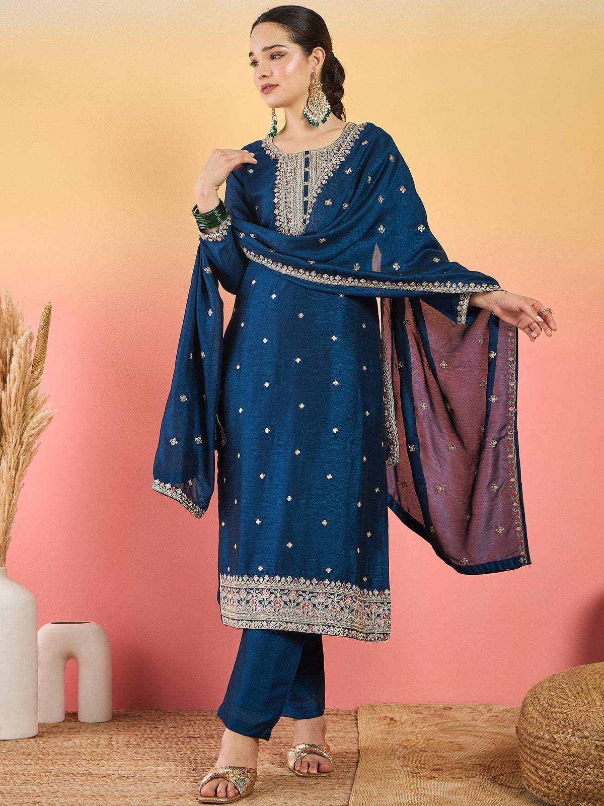 Varanga Kurta With Intricate Zari-Embroidered Yoke Is Paired With Ankle-Length Solid Trousers And A Matching Zari-Accented Dupatta