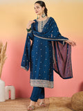 Varanga Kurta With Intricate Zari-Embroidered Yoke Is Paired With Ankle-Length Solid Trousers And A Matching Zari-Accented Dupatta