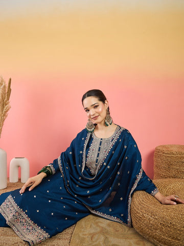 Varanga Kurta With Intricate Zari-Embroidered Yoke Is Paired With Ankle-Length Solid Trousers And A Matching Zari-Accented Dupatta