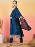 Varanga Kurta With Intricate Zari-Embroidered Yoke Is Paired With Ankle-Length Solid Trousers And A Matching Zari-Accented Dupatta