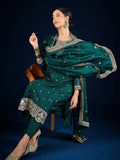 Varanga Graceful Green 3-Piece Set Featuring A Zari-Embroidered Kurta, Solid Ankle-Length Trousers, And An Elegant Embroidered Dupatta.