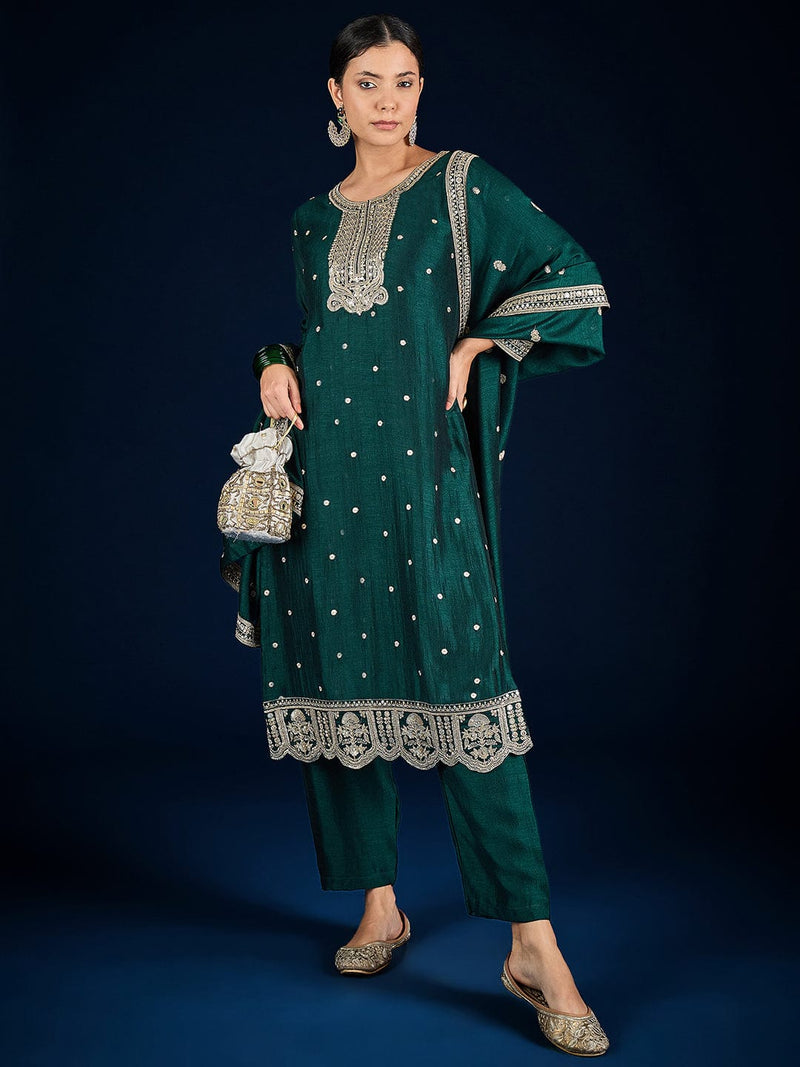 Varanga Graceful Green 3-Piece Set Featuring A Zari-Embroidered Kurta, Solid Ankle-Length Trousers, And An Elegant Embroidered Dupatta.