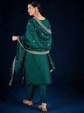Varanga Graceful Green 3-Piece Set Featuring A Zari-Embroidered Kurta, Solid Ankle-Length Trousers, And An Elegant Embroidered Dupatta.