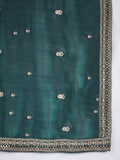 Varanga Graceful Green 3-Piece Set Featuring A Zari-Embroidered Kurta, Solid Ankle-Length Trousers, And An Elegant Embroidered Dupatta.