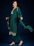 Varanga Graceful Green 3-Piece Set Featuring A Zari-Embroidered Kurta, Solid Ankle-Length Trousers, And An Elegant Embroidered Dupatta.
