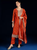 Varanga Graceful Rust 3-Piece Set Featuring A Zari-Embroidered Kurta, Solid Ankle-Length Trousers, And An Elegant Embroidered Dupatta.