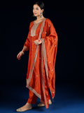 Varanga Graceful Rust 3-Piece Set Featuring A Zari-Embroidered Kurta, Solid Ankle-Length Trousers, And An Elegant Embroidered Dupatta.