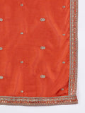 Varanga Graceful Rust 3-Piece Set Featuring A Zari-Embroidered Kurta, Solid Ankle-Length Trousers, And An Elegant Embroidered Dupatta.