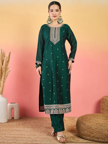 Varanga Vichitra Bead-Embellished Round Neck Kurta, Solid Ankle-Length Trousers, And An Elegant Embroidered Dupatta