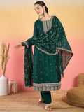 Varanga Vichitra Bead-Embellished Round Neck Kurta, Solid Ankle-Length Trousers, And An Elegant Embroidered Dupatta