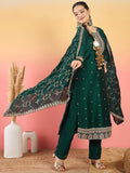 Varanga Vichitra Bead-Embellished Round Neck Kurta, Solid Ankle-Length Trousers, And An Elegant Embroidered Dupatta