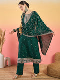 Varanga Vichitra Bead-Embellished Round Neck Kurta, Solid Ankle-Length Trousers, And An Elegant Embroidered Dupatta