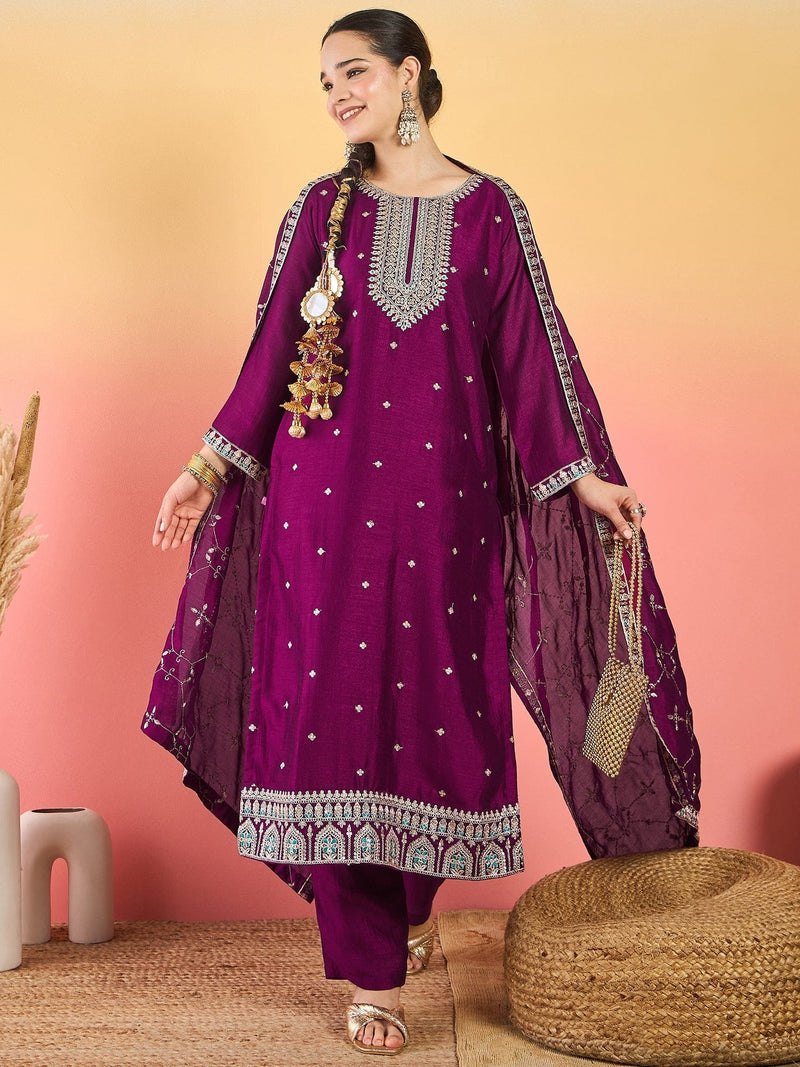 Varanga Vichitra Bead-Embellished Round Neck Kurta, Solid Ankle-Length Trousers, And An Elegant Embroidered Dupatta