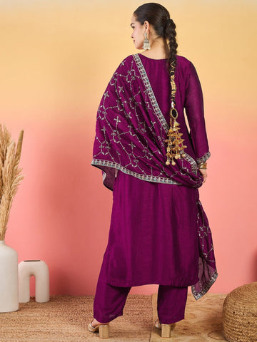 Varanga Vichitra Bead-Embellished Round Neck Kurta, Solid Ankle-Length Trousers, And An Elegant Embroidered Dupatta