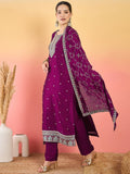 Varanga Vichitra Bead-Embellished Round Neck Kurta, Solid Ankle-Length Trousers, And An Elegant Embroidered Dupatta