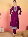 Varanga Vichitra Bead-Embellished Round Neck Kurta, Solid Ankle-Length Trousers, And An Elegant Embroidered Dupatta