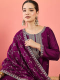 Varanga Vichitra Bead-Embellished Round Neck Kurta, Solid Ankle-Length Trousers, And An Elegant Embroidered Dupatta