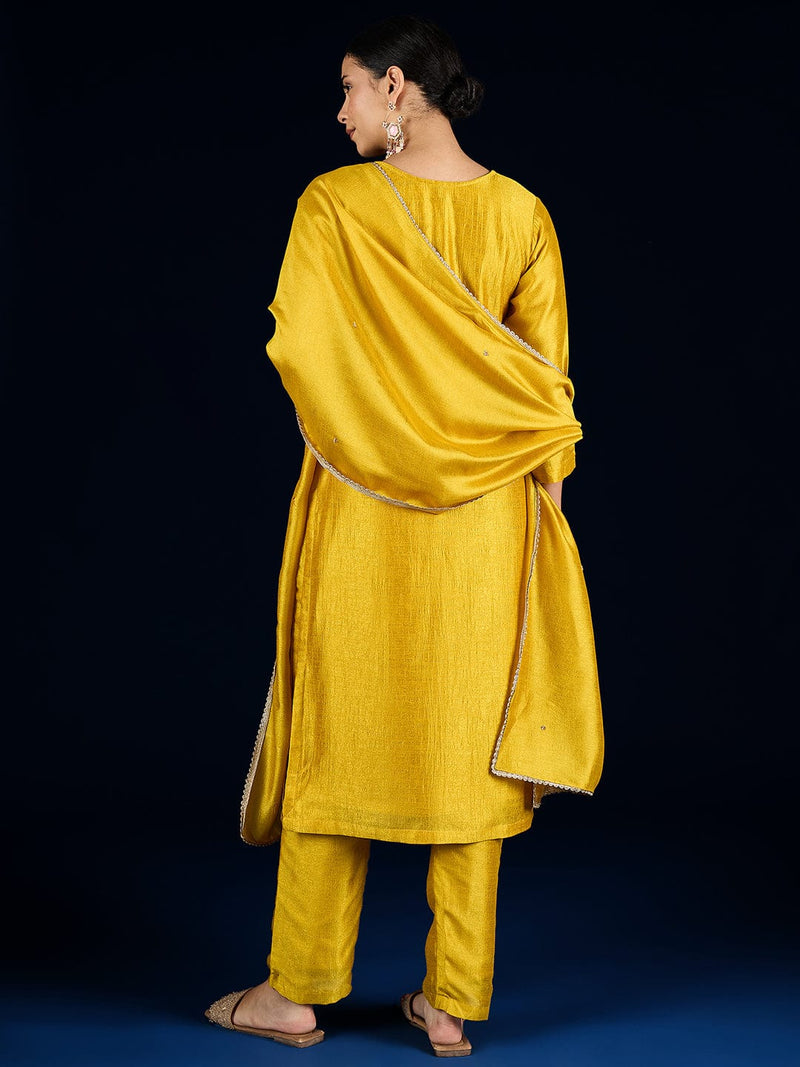 Varanga Vichitra Bead-Embellished Round Neck Kurta, Solid Ankle-Length Trousers, And An Elegant Embroidered Dupatta