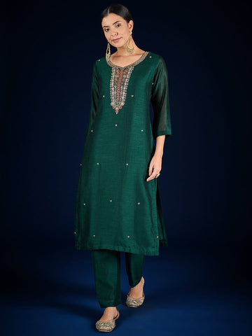 Varanga Vichitra Bead-Embellished V-Neck Kurta, Solid Ankle-Length Trousers, And An Elegant Embroidered Dupatta