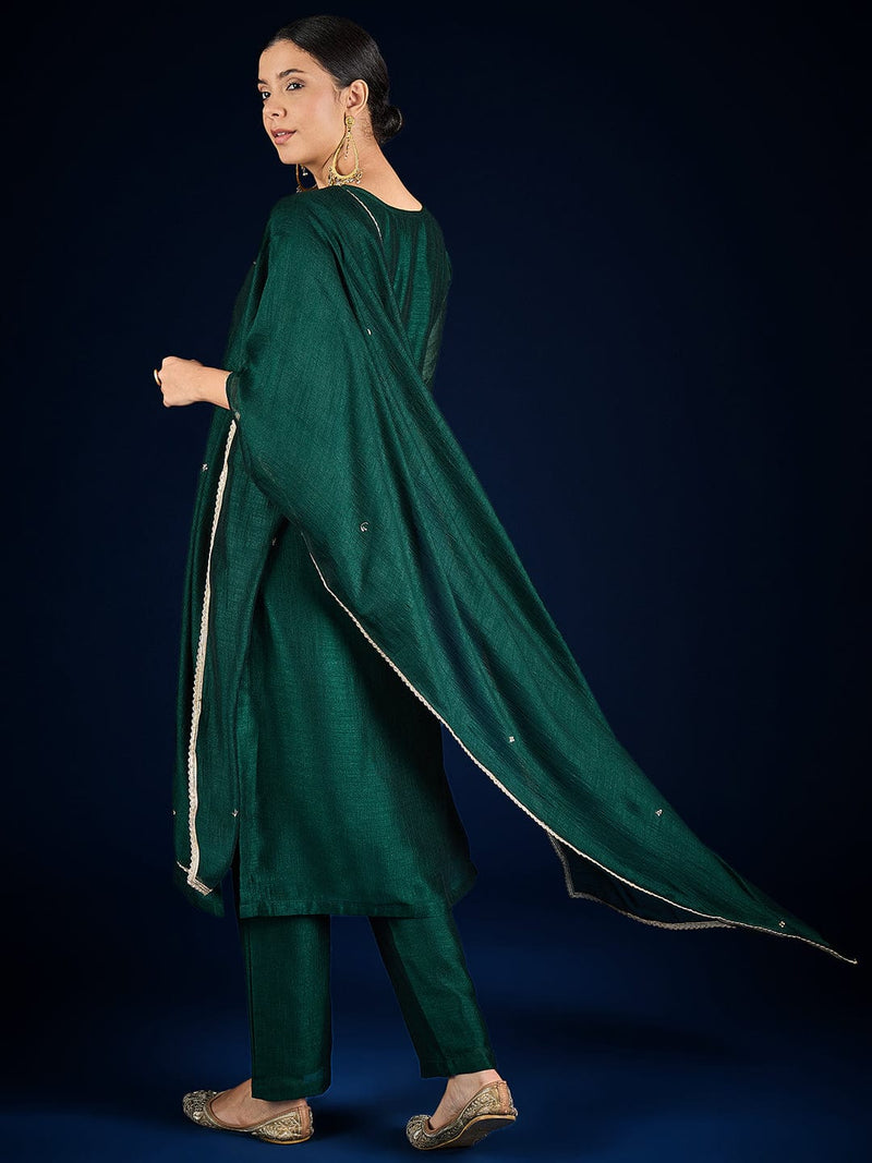 Varanga Vichitra Bead-Embellished V-Neck Kurta, Solid Ankle-Length Trousers, And An Elegant Embroidered Dupatta