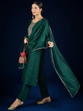 Varanga Vichitra Bead-Embellished V-Neck Kurta, Solid Ankle-Length Trousers, And An Elegant Embroidered Dupatta