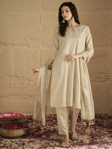 Varanga Women Graceful Beige Kurta Set Featuring Gota Patti Detailing, Paired With Solid Trousers And Dupatta