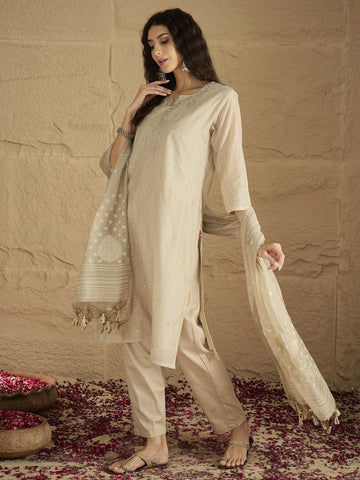 Varanga Women Graceful Beige Kurta Set Featuring Gota Patti Detailing, Paired With Solid Trousers And Dupatta