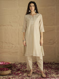 Varanga Women Graceful Beige Kurta Set Featuring Gota Patti Detailing, Paired With Solid Trousers And Dupatta