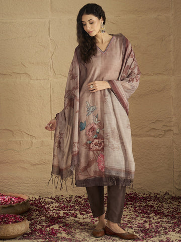 Varanga Women Graceful Beige Kurta Set Featuring Gota Patti Detailing, Paired With Solid Trousers And Dupatta