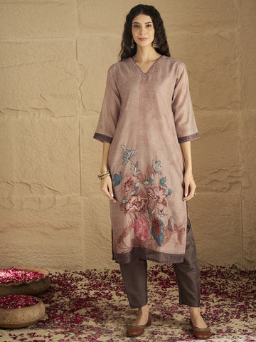 Varanga Women Graceful Beige Kurta Set Featuring Gota Patti Detailing, Paired With Solid Trousers And Dupatta