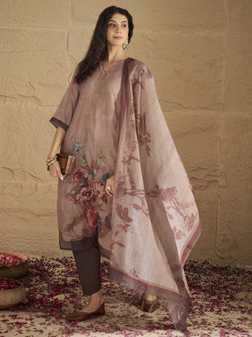 Varanga Women Graceful Beige Kurta Set Featuring Gota Patti Detailing, Paired With Solid Trousers And Dupatta