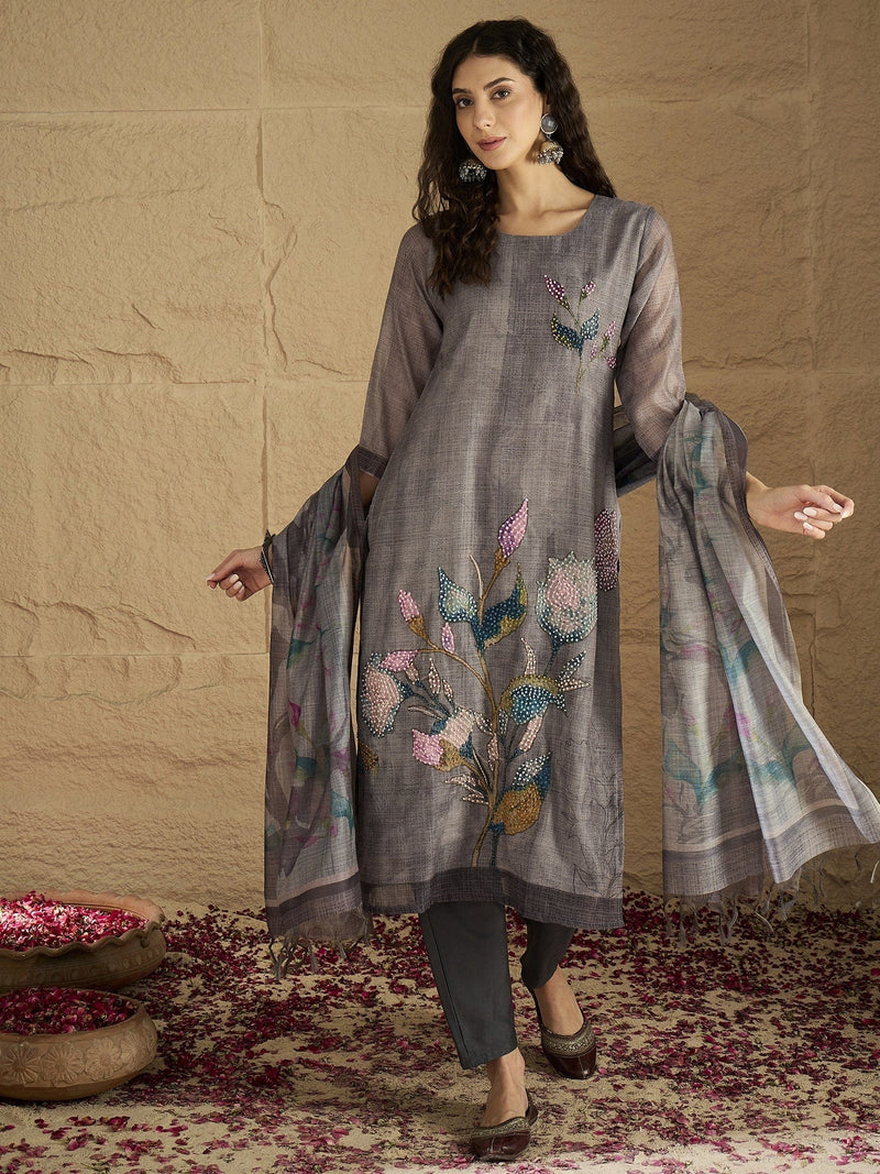 Varanga Women Graceful Beige Kurta Set Featuring Gota Patti Detailing, Paired With Solid Trousers And Dupatta