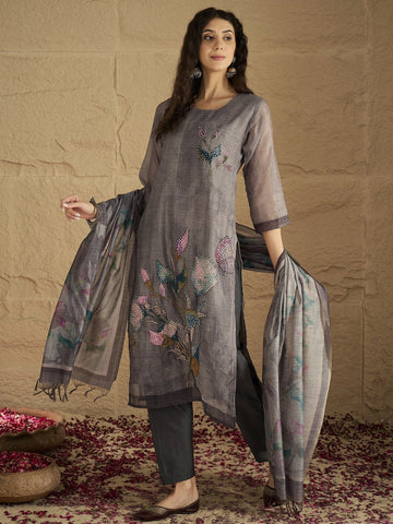 Varanga Women Graceful Beige Kurta Set Featuring Gota Patti Detailing, Paired With Solid Trousers And Dupatta