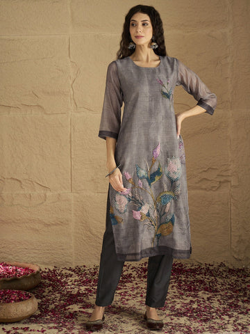 Varanga Women Graceful Beige Kurta Set Featuring Gota Patti Detailing, Paired With Solid Trousers And Dupatta