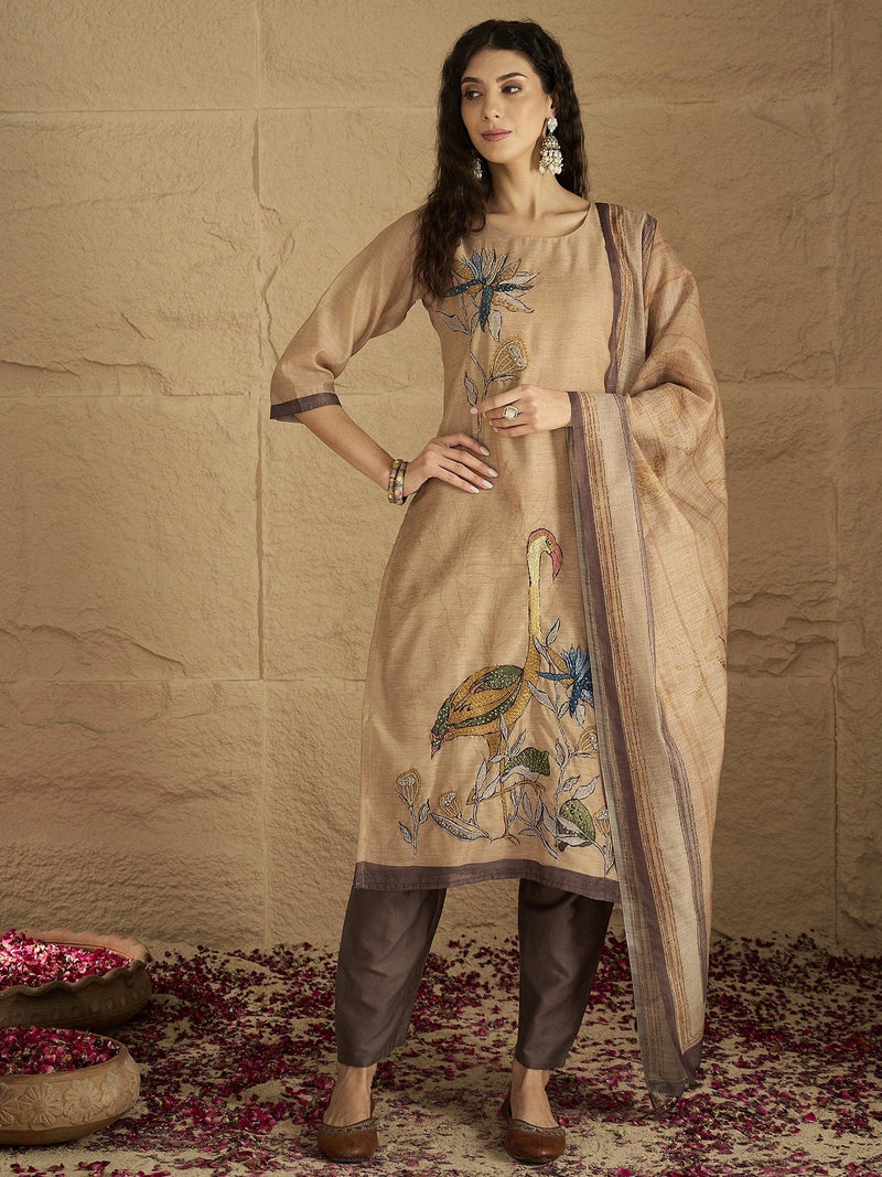 Varanga Women Graceful Beige Kurta Set Featuring Gota Patti Detailing, Paired With Solid Trousers And Dupatta