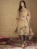 Varanga Women Graceful Beige Kurta Set Featuring Gota Patti Detailing, Paired With Solid Trousers And Dupatta