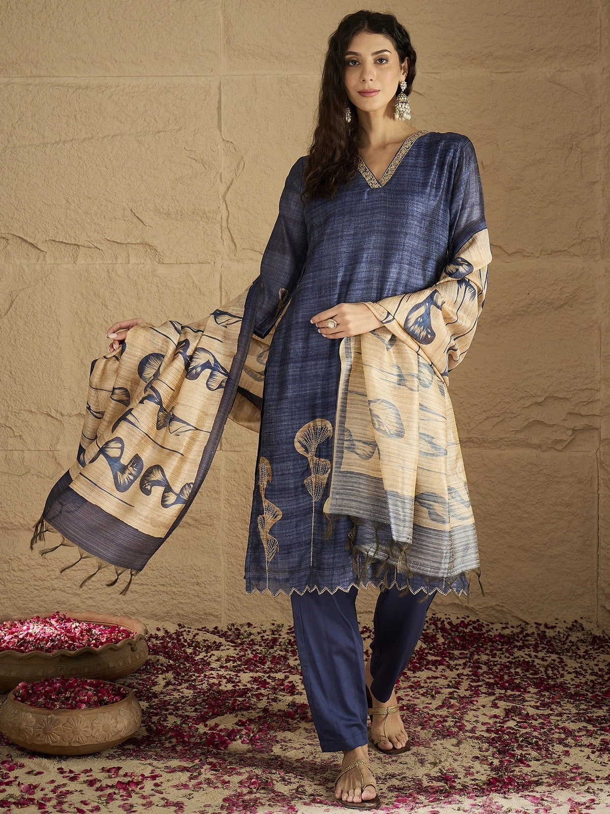 Varanga Women Graceful Beige Kurta Set Featuring Gota Patti Detailing, Paired With Solid Trousers And Dupatta