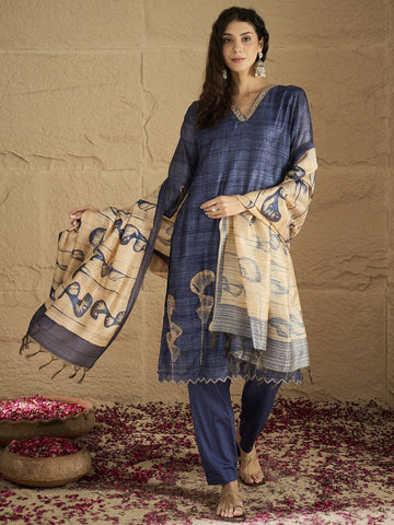 Varanga Women Graceful Beige Kurta Set Featuring Gota Patti Detailing, Paired With Solid Trousers And Dupatta
