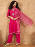 Varanga Women Kurta Adorned With Thread Embroidery, Teamed With Trousers And Paired With Dupatta Featuring Lurex