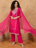 Varanga Women Kurta Adorned With Thread Embroidery, Teamed With Trousers And Paired With Dupatta Featuring Lurex And Lace Detailing