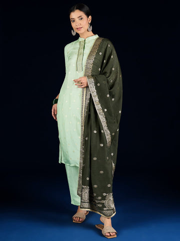 Varanga Chanderi Silk  Kurta Set With Trousers And A Brocade Dupatta.
