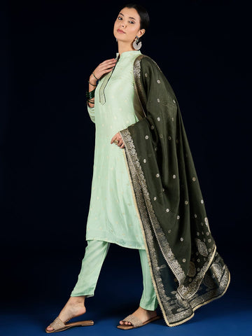 Varanga Chanderi Silk  Kurta Set With Trousers And A Brocade Dupatta.