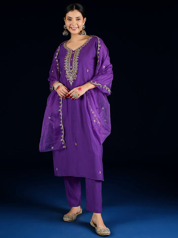 Varanga Stylish Blue 3-Piece Set Featuring An Embroidered Yoke Kurta, Solid Ankle-Length Trousers, And  Dupatta