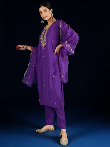 Varanga Stylish Blue 3-Piece Set Featuring An Embroidered Yoke Kurta, Solid Ankle-Length Trousers, And  Dupatta