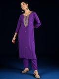 Varanga Stylish Blue 3-Piece Set Featuring An Embroidered Yoke Kurta, Solid Ankle-Length Trousers, And  Dupatta