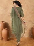 Varanga Women Kurta With Thread Embroidery Trousers And A Solid Dupatta Featuring Detailed Thread Motifs And Refined Scalloped Edges
