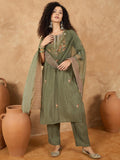 Varanga Women Kurta With Thread Embroidery Trousers And A Solid Dupatta Featuring Detailed Thread Motifs And Refined Scalloped Edges